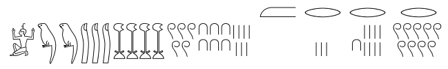 The fractional number in ancient Egyptian hieroglyphs. The inscription reads 1 234 567+1/2+1/3+1/18+1/900 (1 234 567.89 in decimal) . The fractional number in ancient Egyptian hieroglyphs. The inscription reads 1 234 567+1/2+1/3+1/18+1/900 (1 234 567.89 in decimal) .