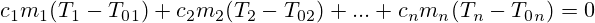 c_1m_1(T_1-T_0_1)+c_2m_2(T_2-T_0_2)+...+c_nm_n(T_n-T_0_n)=0