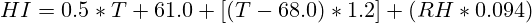 HI = 0.5 * {T + 61.0 + [(T-68.0)*1.2] + (RH*0.094)}