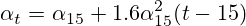 \alpha_{t}=\alpha_{15}+1.6\alpha_{15}^2(t-15)