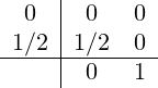 \begin{array}{c|cc}0 & 0 & 0 \\1/2 & 1/2 & 0 \\\hline& 0 & 1 \\\end{array}