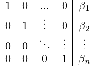 \begin{array}{|cccc|c|}  1 &  0 &  ... &  0 &  \beta_1\\  0 &  1 &  \vdots &  0 &  \beta_2 \\ 0 & 0 & \ddots & \vdots & \vdots \\ 0 &  0 &  0 & 1 &  \beta_n\\ \end{array} 